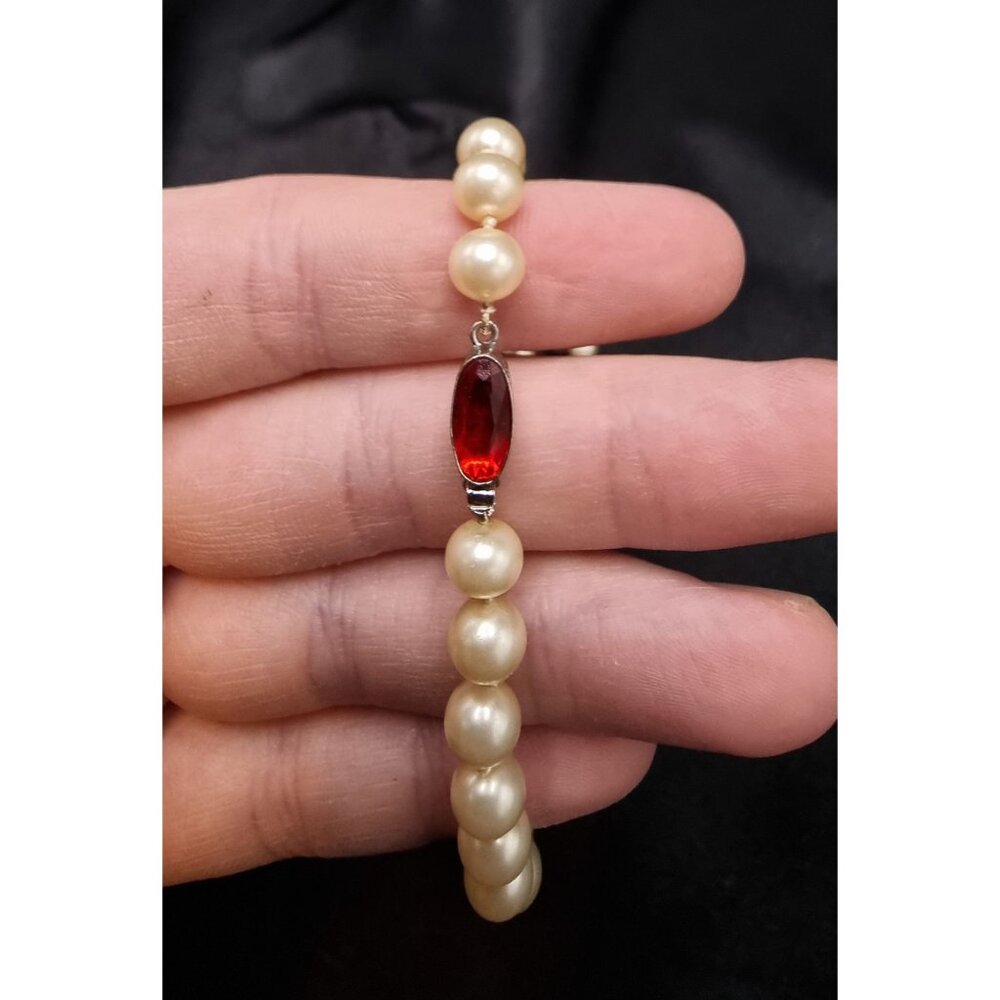 Vintage 1940's-1960's Czechoslovakia Signed Faux Pearl Necklace With Red Gemston - Picture 4 of 6